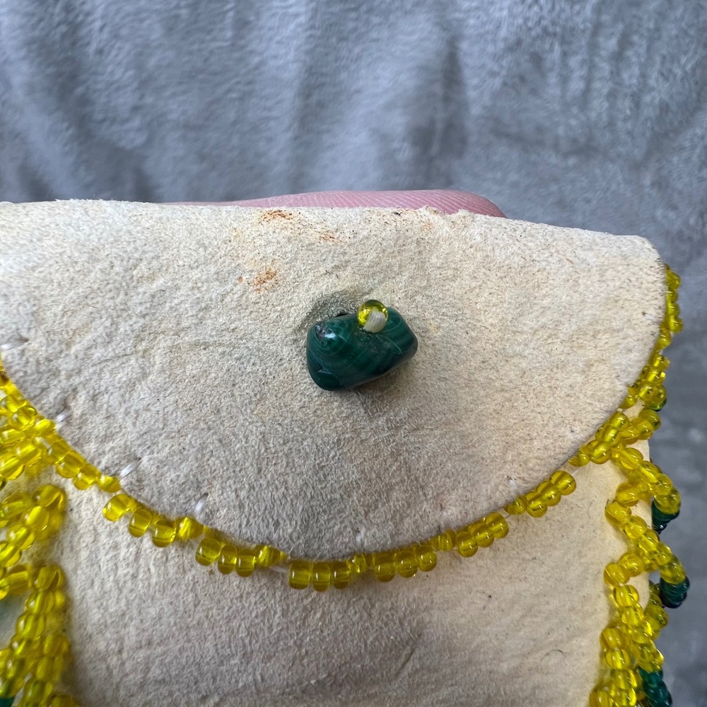 Handcrafted Leather Medicine Bag Pouch Necklace‎ Beaded Fringe Yellow Green